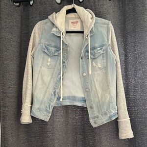 Mossimo Supply Co. Women's Light Blue Denim Hooded Jacket with Gray Sleeves